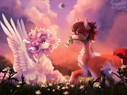 Size: 4000x3000 | Tagged: safe, artist:sweettsa1t, oc, oc only, earth pony, pegasus, pony, chest fluff, concave belly, duo, ear fluff, eclipse, female, flower, male, mare, mouth hold, oc x oc, shipping, spread wings, stallion, straight, wings