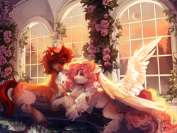 Size: 4000x3000 | Tagged: safe, artist:sweettsa1t, oc, oc only, earth pony, pegasus, pony, cheek fluff, chest fluff, commission, duo, ear fluff, eclipse, female, flower, holding hooves, lily (flower), lilypad, looking at each other, looking at someone, lying down, male, mare, oc x oc, prone, shipping, spread wings, stallion, straight, unshorn fetlocks, wings