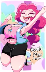 Size: 2650x4096 | Tagged: safe, artist:moonieflav, pinkie pie, human, g4, belly, belly button, breasts, busty pinkie pie, cleavage, eyes closed, female, fist, high res, humanized, midriff, open mouth, open smile, raised arm, smiling, solo