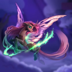 Size: 2048x2048 | Tagged: safe, artist:rrusha, fluttershy, changeling, pony, g4, butterfly wings, curved horn, female, flying, horn, magic, mare, slit pupils, solo, species swap, wings