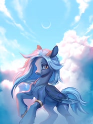 Size: 1531x2048 | Tagged: safe, artist:rrusha, oc, oc only, pegasus, pony, bracelet, chest fluff, cloud, crescent moon, female, jewelry, mare, moon, solo, unshorn fetlocks