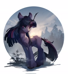 Size: 1878x2048 | Tagged: safe, artist:rrusha, twilight sparkle, oc, oc:evening star (dcayingdiviniti), pony, unicorn, g4, alternate universe, changeling horn, chest fluff, commission, horn, kinsona, reincarnation, solo, unshorn fetlocks