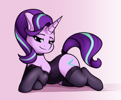 Size: 3013x2480 | Tagged: safe, artist:andelai, starlight glimmer, pony, unicorn, g4, bedroom eyes, choker, clothes, female, gradient background, high res, horn, leotard, looking at you, lying down, mare, prone, sexy, smiling, smiling at you, socks, solo, starlight's leotard, stupid sexy starlight glimmer, sultry pose, thick, thigh highs