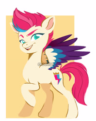 Size: 2530x3193 | Tagged: safe, artist:enochian, zipp storm, pegasus, pony, g5, colored pupils, passepartout, raised hoof, solo, three toned wings, watermark