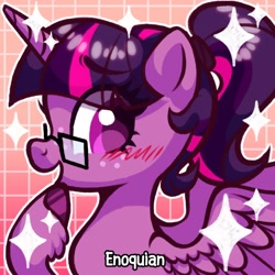 Size: 1080x1080 | Tagged: safe, artist:enochian, part of a set, twilight sparkle, alicorn, pony, g4, alternate hairstyle, blushing, female, freckles, glasses, hoof on chin, looking back, mare, open mouth, open smile, ponytail, smiling, solo, sparkles, spread wings, twilight sparkle (alicorn), watermark, wings