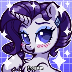 Size: 640x640 | Tagged: safe, artist:enochian, part of a set, rarity, pony, unicorn, g4, blushing, chest fluff, ear piercing, earring, female, fetlock tuft, horn, jewelry, mare, piercing, solo, sparkles, watermark