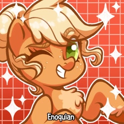 Size: 1080x1080 | Tagged: safe, artist:enochian, part of a set, applejack, earth pony, pony, g4, alternate hairstyle, chest fluff, eye clipping through hair, eyebrows, eyebrows visible through hair, female, hair bun, mare, one eye closed, pale belly, solo, sparkles, watermark, wink