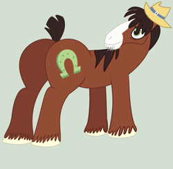 Size: 1785x1750 | Tagged: safe, artist:jonesdylan874, trouble shoes, clydesdale, earth pony, pony, g4, my little pony: friendship is magic, season 5, season 9, butt, clean, cowboy hat, digital art, drawing, green background, hat, male, short tail, simple background, solo, stallion, tail