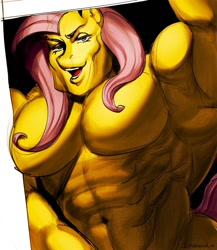 Size: 1111x1280 | Tagged: safe, artist:mskend_a, fluttershy, anthro, g4, female, flutterguy, gachimuchi, gigachad, meme, muscles, muscleshy, muscular female, solo