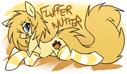 Size: 855x495 | Tagged: safe, artist:muffinz, oc, oc only, oc:fluffer nutter, earth pony, pony, clothes, fluffy mane, fluffy tail, gradient background, lying down, nervous, nervous smile, smiling, socks, solo, striped socks, tail