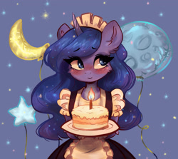 Size: 3714x3309 | Tagged: safe, artist:polnocnykot, princess luna, alicorn, anthro, g4, apron, balloon, blush lines, blushing, cake, candle, candlelight, clothes, combo breaker, crescent moon, cute, dress, ear fluff, female, food, french maid, full moon, half body, horn, looking away, maid, maid headdress, moon, shy, smiling, solo, stars