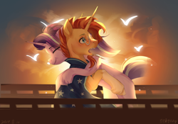 Size: 2388x1668 | Tagged: safe, artist:rily, starlight glimmer, sunburst, bird, pony, unicorn, g4, chinese, cloud, duo, duo male and female, eyes closed, female, horn, hug, male, open mouth, ship:starburst, shipping, smiling, straight, sunset, surprised