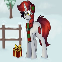 Size: 1000x1000 | Tagged: safe, artist:tarsaqus, oc, oc only, oc:kris button, earth pony, pony, clothes, earmuffs, fence, present, scarf, snow, solo, striped scarf, tree, winter