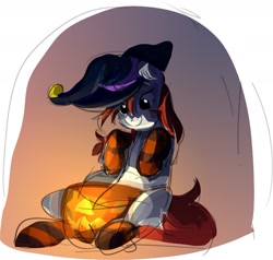 Size: 1600x1525 | Tagged: safe, artist:tarsaqus, oc, oc only, oc:kris button, pony, clothes, halloween, hat, holiday, jack-o-lantern, pumpkin, sketch, smiling, socks, solo, striped socks, wip, witch hat