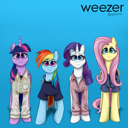 Size: 1600x1600 | Tagged: safe, artist:uniomie, fluttershy, rainbow dash, rarity, twilight sparkle, alicorn, pegasus, pony, unicorn, g4, :|, album cover, clothes, female, gradient background, group, horn, looking at you, mare, pants, ponified, ponified album cover, quartet, shirt, twilight sparkle (alicorn), weezer