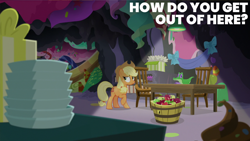 Size: 2000x1125 | Tagged: safe, edit, edited screencap, editor:quoterific, screencap, applejack, gummy, g4, secrets and pies, apple, chair, duo, food, party cave, slide, table