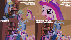 Size: 2000x1125 | Tagged: safe, edit, edited screencap, editor:quoterific, screencap, discord, princess cadance, twilight sparkle, alicorn, g4, three's a crowd, blue flu, book, bookshelf, concave belly, crown, golden oaks library, hat, indoors, jewelry, paper hat, peytral, physique difference, regalia, sisters-in-law, size difference, slender, sunglasses, talking, thin, trio, twilight sparkle (alicorn), twilight sparkle is not amused, unamused