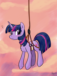 Size: 1416x1865 | Tagged: safe, artist:rayelli, derpibooru exclusive, twilight sparkle, pony, unicorn, g4, blushing, bondage, chest fluff, cloud, cute, embarrassed, female, harness, horn, horse problems, mare, ponified animal photo, question mark, rope, sky, solo, suspended, text, twiabetes, unicorn twilight