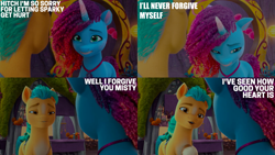 Size: 2000x1125 | Tagged: safe, edit, edited screencap, editor:quoterific, screencap, hitch trailblazer, misty brightdawn, earth pony, pony, unicorn, family trees, g5, my little pony: make your mark, my little pony: make your mark chapter 5, dialogue, duo, duo male and female, female, forgiveness, horn, male, mare, stallion