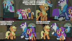 Size: 2000x1125 | Tagged: safe, edit, edited screencap, editor:quoterific, screencap, applejack, blue bobbin, mr. stripes, plaid stripes, rainbow dash, earth pony, pegasus, pony, unicorn, g4, season 6, the saddle row review, female, horn, male, mare, stallion