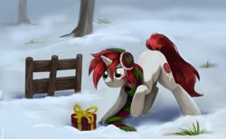 Size: 2560x1574 | Tagged: safe, artist:tarsaqus, oc, oc only, pony, unicorn, clothes, earmuffs, horn, painting, present, raised hoof, scarf, solo, striped scarf, winter