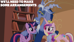 Size: 2000x1125 | Tagged: safe, edit, edited screencap, editor:quoterific, screencap, discord, princess cadance, twilight sparkle, alicorn, draconequus, pony, g4, season 4, three's a crowd, blue flu, golden oaks library, sisters-in-law, trio, twilight sparkle (alicorn)