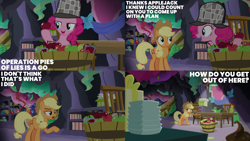 Size: 2000x1125 | Tagged: safe, edit, edited screencap, editor:quoterific, screencap, applejack, gummy, pinkie pie, alligator, earth pony, pony, g4, season 7, secrets and pies, apple, chair, cowboy hat, deerstalker, detective, food, hat, party cave, sherlock holmes, sherlock pie, slide, stetson, table, trio