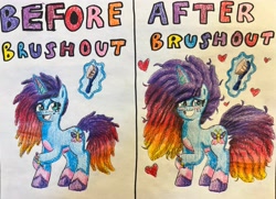 Size: 3591x2604 | Tagged: safe, artist:bozzerkazooers, misty brightdawn, pony, unicorn, g5, 2 panel comic, before and after, big mane, big tail, blush sticker, blushing, bracelet, brush, brushout, colored belly, colored fetlocks, colored hooves, comic, crossed hooves, female, floating heart, glowing, glowing horn, gradient mane, gradient tail, heart, hooves, horn, jewelry, magic, magic aura, mare, messy mane, nervous, nervous smile, rebirth misty, smiling, solo, tail, telekinesis, text, traditional art, unshorn fetlocks