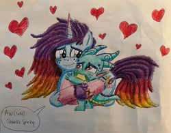 Size: 3474x2711 | Tagged: safe, artist:bozzerkazooers, misty brightdawn, sparky sparkeroni, dragon, pony, unicorn, g5, baby, baby dragon, crying, dialogue, duo, duo male and female, female, forgiveness, heart, horn, hug, male, mare, rebirth misty, speech bubble, tears of joy, teary eyes, traditional art, unshorn fetlocks