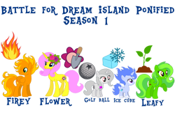 Size: 1032x774 | Tagged: safe, artist:meghan12345, earth pony, pegasus, pony, unicorn, g4, battle for dream island, coat markings, cutie mark, eyeshadow, female, filly, firey (battle for dream island), flower, flower (battle for dream island), flower in hair, foal, folded wings, golf ball (battle for dream island), group, hairband, horn, ice cube (battle for dream island), leafy (battle for dream island), lidded eyes, makeup, male, mare, ponified, raised hoof, simple background, smiling, socks (coat markings), stallion, transparent background, wings