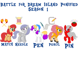 Size: 1032x774 | Tagged: safe, artist:meghan12345, earth pony, pegasus, pony, unicorn, g4, battle for dream island, cap, coat markings, colored hooves, colored muzzle, colored wings, cutie mark, female, folded wings, group, hat, hooves, horn, male, mare, match (battle for dream island), needle (battle for dream island), open mouth, open smile, pen (battle for dream island), pencil (battle for dream island), pin (battle for dream island), ponified, ponytail, simple background, smiling, socks (coat markings), stallion, transparent background, wings