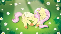 Size: 2400x1350 | Tagged: safe, artist:prixy05, fluttershy, pegasus, pony, g4, g5, my little pony: tell your tale, crepuscular rays, female, flower, flower in hair, g4 to g5, generation leap, grass, lying down, mare, on side, sleeping, solo