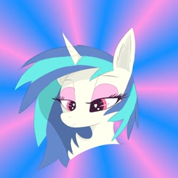 Size: 2048x2048 | Tagged: safe, artist:wornpaladin, artist:worny, dj pon-3, vinyl scratch, pony, unicorn, g4, bedroom eyes, colored, eyelashes, eyeshadow, female, gradient background, horn, lidded eyes, makeup, rave, solo, sunburst background, two toned mane