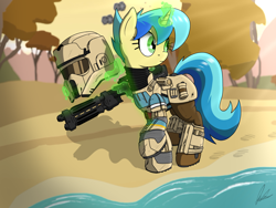 Size: 4000x3000 | Tagged: safe, artist:flaremoon, oc, oc only, oc:mercury haze, pony, unicorn, armor, beach, blaster, female, helmet, horn, magic, mare, ocean, shore, shoretrooper, solo, star wars, starfighter, stormtrooper, telekinesis, tie fighter, water