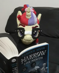 Size: 827x1026 | Tagged: safe, artist:little-broy-peep, moondancer, pony, unicorn, g4, annoyed, book, clothes, couch, female, glasses, harrowhark nonagesimus, horn, irl, mare, photo, plushie, reading, solo, the locked tomb