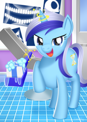 Size: 2480x3508 | Tagged: safe, artist:leonkay, minuette, pony, g4, dentist, magic, solo, toothbrush