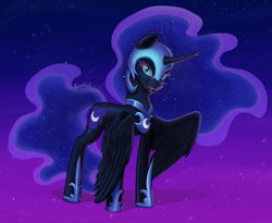 Size: 3397x2787 | Tagged: safe, artist:rerrtiz, nightmare moon, alicorn, pony, g4, bat wings, blue eyes, blue mane, blue tail, colored pupils, crepuscular rays, curved horn, digital art, ear fluff, ethereal mane, ethereal tail, eyeshadow, fangs, feather, female, flowing mane, flowing tail, gradient background, grin, helmet, high res, hoof shoes, horn, hybrid wings, lidded eyes, looking at you, makeup, mare, moon, moonlight, night, night sky, nightmare night, open mouth, open smile, peytral, princess shoes, signature, sky, smiling, smiling at you, solo, spread wings, starry mane, starry tail, stars, tail, teeth, wings