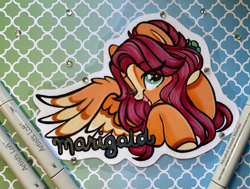 Size: 3106x2351 | Tagged: safe, artist:emberslament, oc, oc only, oc:marigold, pegasus, pony, badge, blushing, female, flower, flower in hair, looking at you, mare, one eye closed, pegasus oc, photo, spread wings, traditional art, wings, wink, winking at you