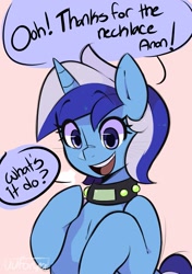 Size: 1129x1600 | Tagged: safe, artist:darkdoubloon, minuette, pony, unicorn, g4, ambiguous facial structure, clopfic in description, collar, dialogue, fanfic art, female, horn, hypnogear, looking down, mare, mind control, open mouth, open smile, simple background, smiling, solo, speech bubble, story included