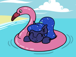 Size: 1800x1350 | Tagged: safe, artist:flutterluv, princess luna, alicorn, pony, g4, eyes closed, happy, inflatable bird, inner tube, ocean, opaque inflatable, pool toy, smiling, solo, swimming, water