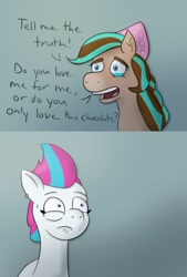 Size: 770x1139 | Tagged: safe, artist:toonyloo, zipp storm, horse, pegasus, pony, g5, 2 panel comic, chocolate, cocoa (wild manes), comic, crying, ear piercing, earring, female, food, funny, gray background, jewelry, mare, open mouth, piercing, simple background, sweat, talking, text, that pony sure does love chocolate, wild manes, wings