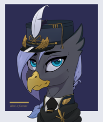 Size: 516x611 | Tagged: safe, artist:callsign-echo, oc, oc:himironcrena, griffon, equestria at war mod, aquileia, badge, bust, clothes, feather, griffon oc, military uniform, necktie, passepartout, portrait, shirt, uniform