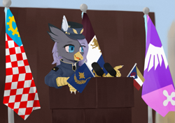 Size: 865x611 | Tagged: safe, artist:cunben_mapleleaf, oc, oc:himironcrena, griffon, equestria at war mod, clothes, flag, microphone, podium, speech, talking, uniform