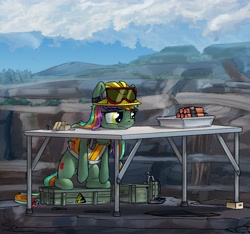 Size: 3000x2803 | Tagged: safe, artist:uteuk, oc, oc only, oc:detonaty, earth pony, pony, clothes, crate, dynamite, explosives, female, goggles, hard hat, hat, headphones, mare, quarry, safety goggles, table