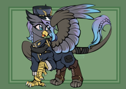 Size: 865x611 | Tagged: safe, artist:wkkylin, oc, oc:himironcrena, griffon, equestria at war mod, claws, clothes, clothing, hat, shoes, uniform, wings