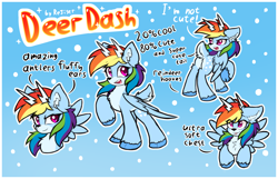 Size: 3100x2000 | Tagged: safe, artist:rejiser, rainbow dash, deer, deer pony, original species, peryton, pony, reindeer, g4, antlers, blue background, butt, chest fluff, cloven hooves, countershading, cute, deer tail, deerified, ear fluff, female, gradient background, hooves, i'm not cute, looking at you, open mouth, plot, raised hoof, raised tail, reindeer antlers, reindeer dash, reindeerified, smiling, smiling at you, snow, snowfall, solo, species swap, spread wings, tail, text, tongue out, unshorn fetlocks, weapons-grade cute, wings