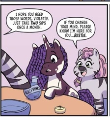 Size: 811x904 | Tagged: safe, artist:shauna j. grant, idw, mariama, skye, violette rainbow, unicorn, zebra, g5, spoiler:comic, spoiler:g5comic, spoiler:g5comic14, acceptance, bottle, braces, horn, offscreen character, potion