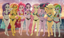 Size: 2000x1193 | Tagged: safe, artist:charliexe, artist:emeraldblast63, applejack, fluttershy, pinkie pie, rainbow dash, rarity, sci-twi, starlight glimmer, sunset shimmer, twilight sparkle, human, equestria girls, g4, bikini, book, breasts, busty applejack, busty fluttershy, busty humane seven, busty pinkie pie, busty rainbow dash, busty rarity, busty sci-twi, busty starlight glimmer, busty sunset shimmer, clothes, feet, food, humane eight, humane five, humane seven, humane six, ice cream, lens flare, nail polish, sarong, sports, stupid sexy applejack, stupid sexy fluttershy, stupid sexy pinkie, stupid sexy rainbow dash, stupid sexy rarity, stupid sexy sci-twi, stupid sexy starlight glimmer, stupid sexy sunset shimmer, swimsuit, toenail polish, toenails, toes, volleyball