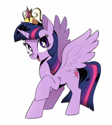 Size: 2300x2550 | Tagged: safe, artist:cheesesauce_45, twilight sparkle, alicorn, pony, g4, backwards cutie mark, bangs, big crown thingy, colored pinnae, cute, element of magic, female, high res, horn, jewelry, looking up, mare, open mouth, open smile, raised hoof, regalia, simple background, smiling, solo, spread wings, standing, twiabetes, twilight sparkle (alicorn), white background, wings