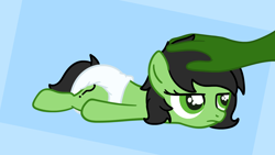 Size: 1920x1080 | Tagged: safe, artist:snowflakepone, derpibooru exclusive, oc, oc:filly anon, pony, g4, annoyed, black mane, diaper, female, filly, foal, green coat, green eyes, lying down, non-baby in diaper, petting, simple